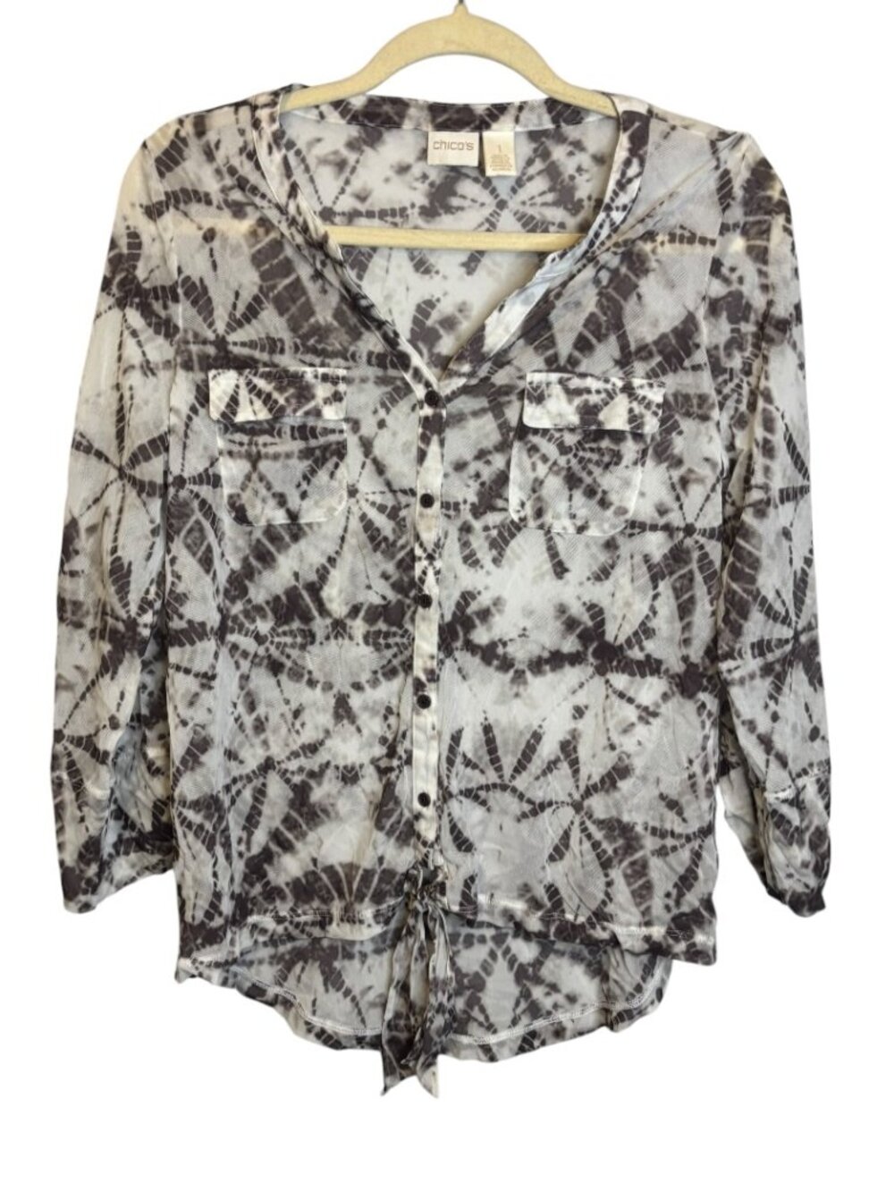 Chico's Blouse Women's Medium Lightweight Sheer Tie front Abstract Chicos‎ 1